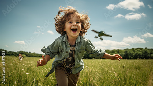 a young boy runs across a field and an airplane flies overhead.