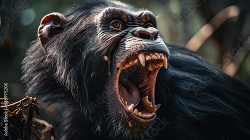 Foto An angry roaring chimpanzee (Pan) with a gaping mouth showing its large sharp teeth