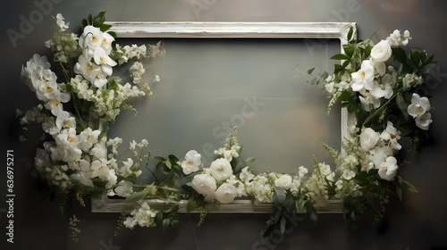 AI generated, flowers arranged on a wooden frame with blank space for text, white and green style, nature studies, spectacular backdrops, raw materials