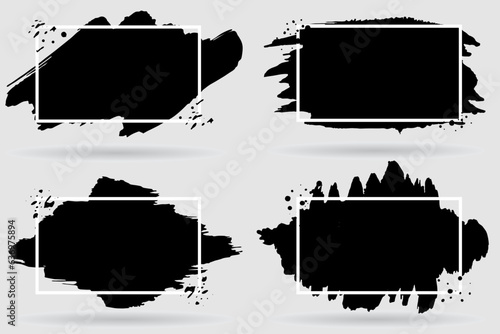 Set, Paintings and black watercolors splashes with frames white lines with shadow light gray background