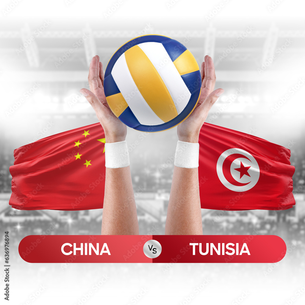 China vs Tunisia national teams volleyball volley ball match competition concept.