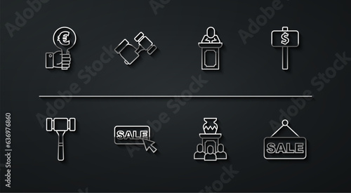 Set line Hand holding auction paddle, Auction hammer, ancient vase, Price tag with Sale, and auctioneer sells icon. Vector