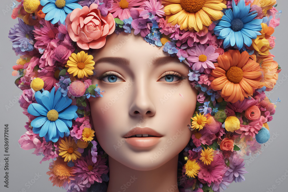Mental health day poster, woman made of colorful flowers fictional face
