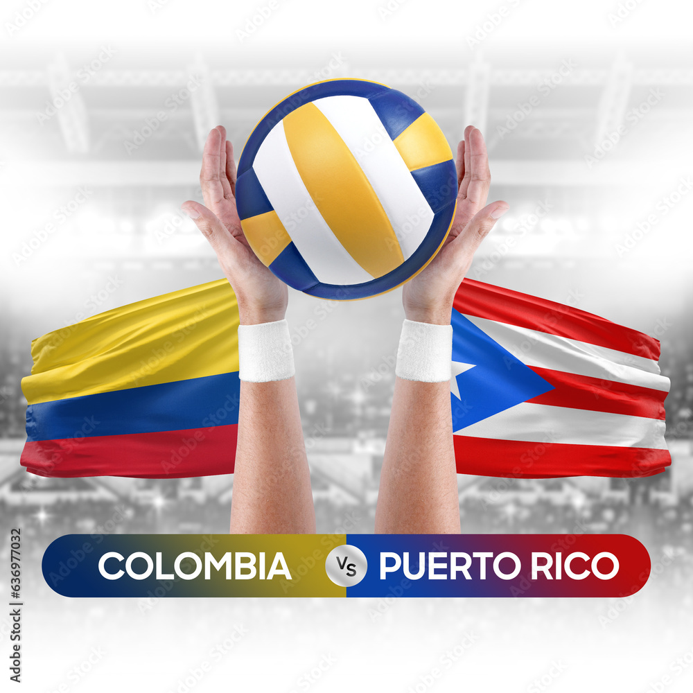 Colombia vs Puerto Rico national teams volleyball volley ball match competition concept.