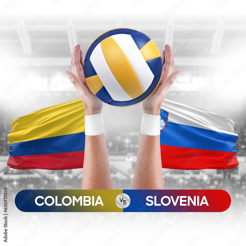 Colombia vs Slovenia national teams volleyball volley ball match competition concept.