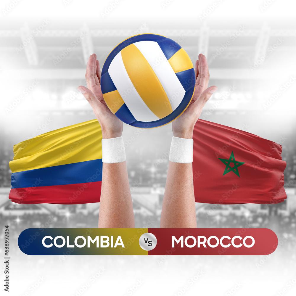 Colombia vs Morocco national teams volleyball volley ball match competition concept.