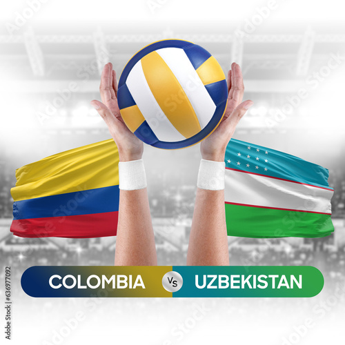 Colombia vs Uzbekistan national teams volleyball volley ball match competition concept.