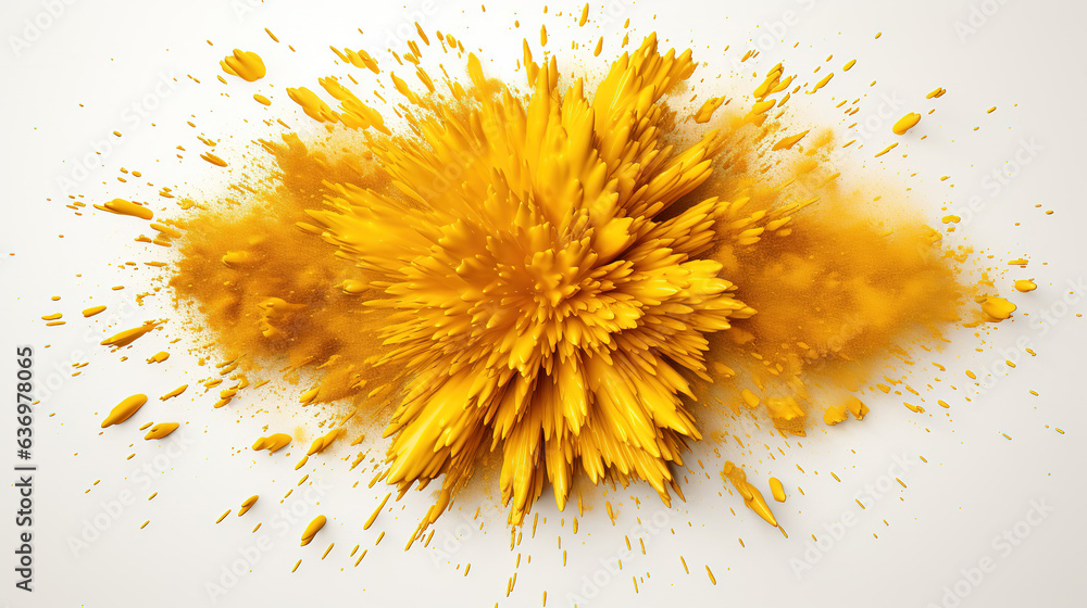 Bright gold Holi paint color powder festival explosion burst isolated white background.