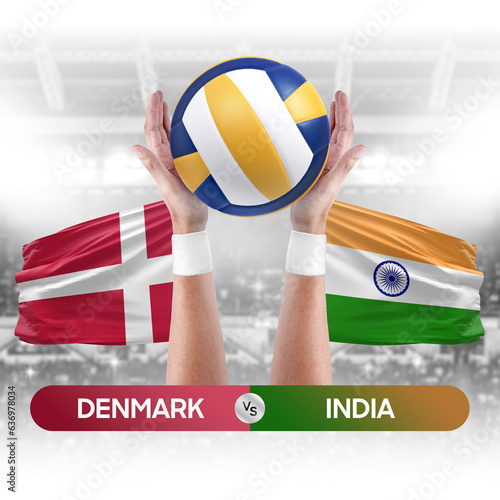 Denmark vs India national teams volleyball volley ball match competition concept.