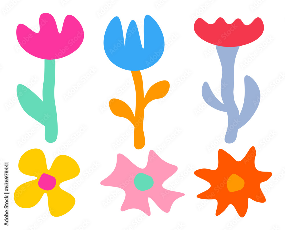 Colorful flowers on a white background. The set shows six colorful flowers of different shapes and sizes. Vector illustration has a flat, cartoon style. Colorful flowers on a white background. The set shows six colorful flowers of different shapes and sizes. Vector illustration has a flat, cartoon style.