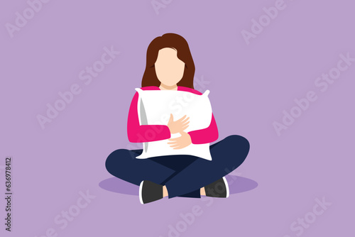 Graphic flat design drawing pretty girl sitting and hugging pillow. Beautiful woman sits with her eyes closed and is about to go to bed. Relaxing and time to sleep. Cartoon style vector illustration