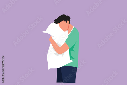 Graphic flat design drawing tired male hugs pillow at home. Young man stands with his eyes closed and is about to go to bed. Theme of recreation and health lifestyle. Cartoon style vector illustration