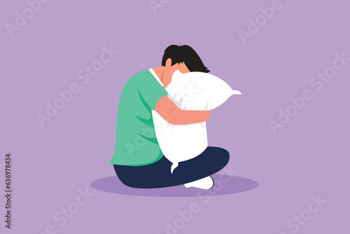 Graphic flat design drawing sleepy man sitting and hugging pillow. Sleeping handsome male hugs or holding pillow or overslept to work. Sweet dream or sleep concept. Cartoon style vector illustration