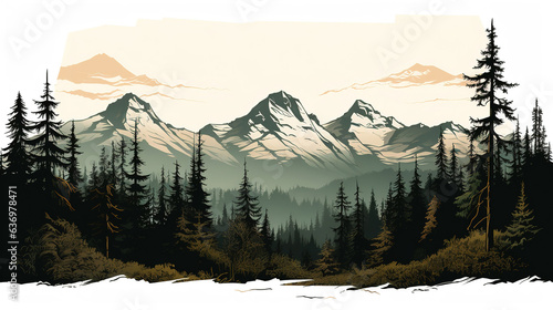 Black silhouette of mountains and fir trees camping adventure wildlife landscape panorama illustration, isolated on white background. photo