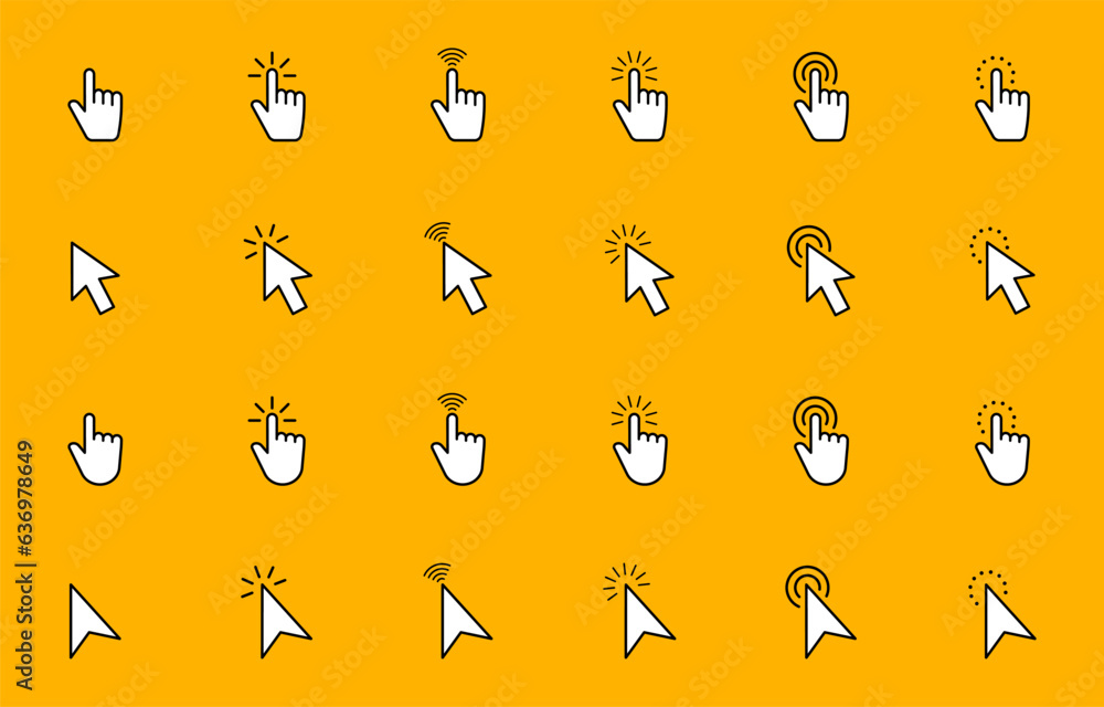 Hand pointer icons. Arrow pointer. Pointer click. Cursor icon. Clicking