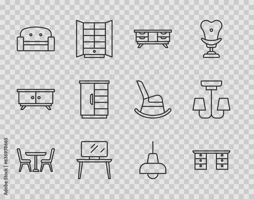 Set line Table with chair, Office desk, TV table stand, Armchair, Wardrobe, Lamp hanging and Chandelier icon. Vector Set line Table with chair, Office desk, TV table stand, Armchair, Wardrobe, Lamp hanging and Chandelier icon. Vector