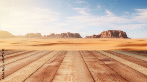 Empty wooden table top with blur background of desert. Template mock up for display of product. Generative AI
