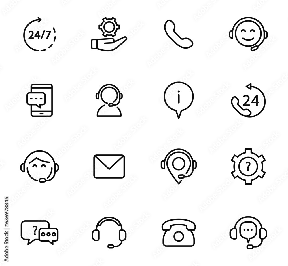 Support service and contact us thin line icon set. Communication icons. Help, customer service, phone assistant, hotline and call center. Vector icon. Support service and contact us thin line icon set. Communication icons. Help, customer service, phone assistant, hotline and call center. Vector icon.