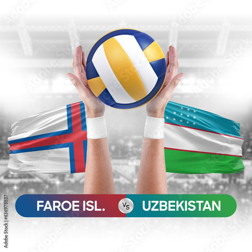 Faroe Islands vs Uzbekistan national teams volleyball volley ball match competition concept.