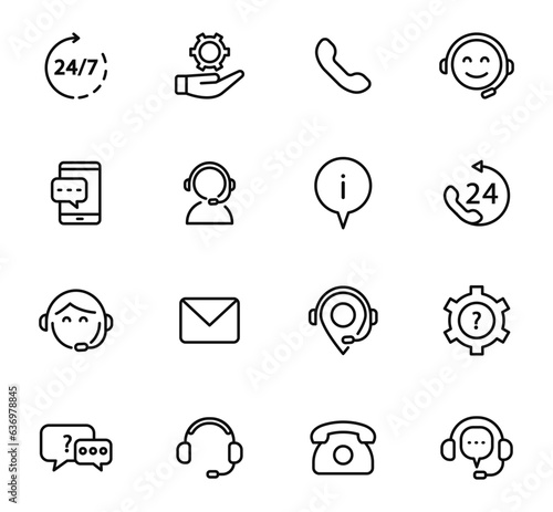 Support service and contact us thin line icon set. Communication icons. Help, customer service, phone assistant, hotline and call center. Vector icon.
