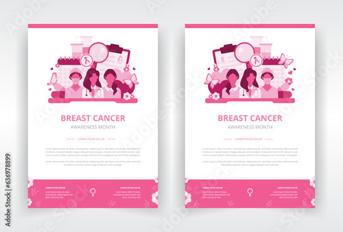 Report cover, poster, flyer or leaflet, book or magazine cover template which shows the importance of early detection and proper treatments in women's health issues such as breast cancer 