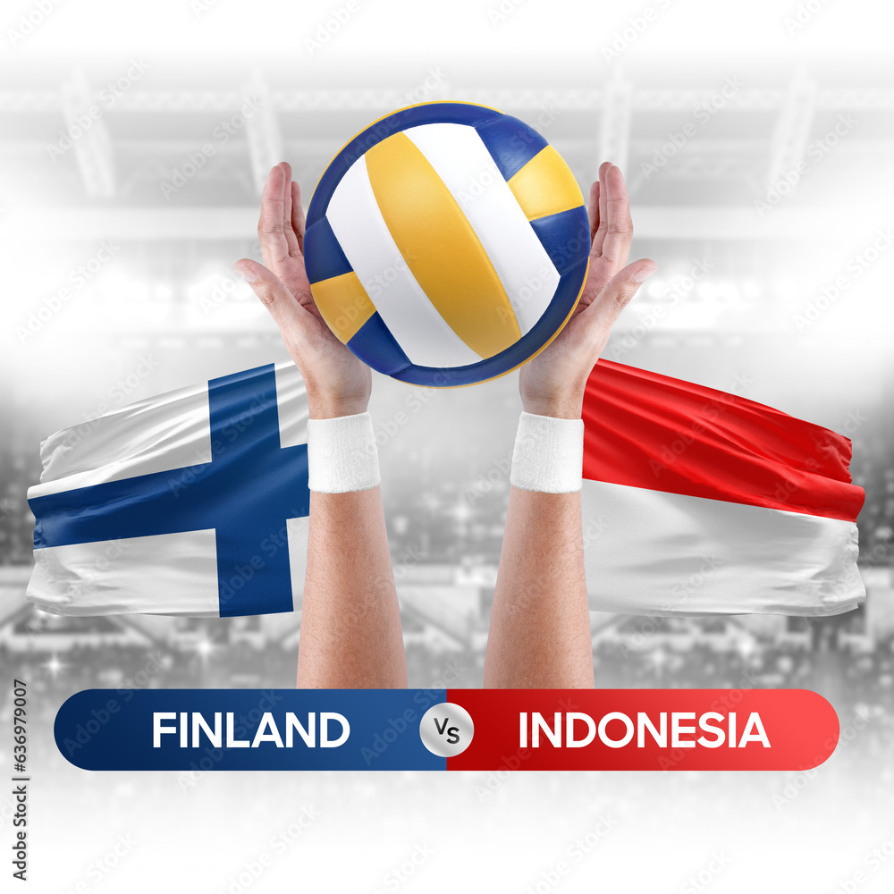 Finland vs Indonesia national teams volleyball volley ball match competition concept.