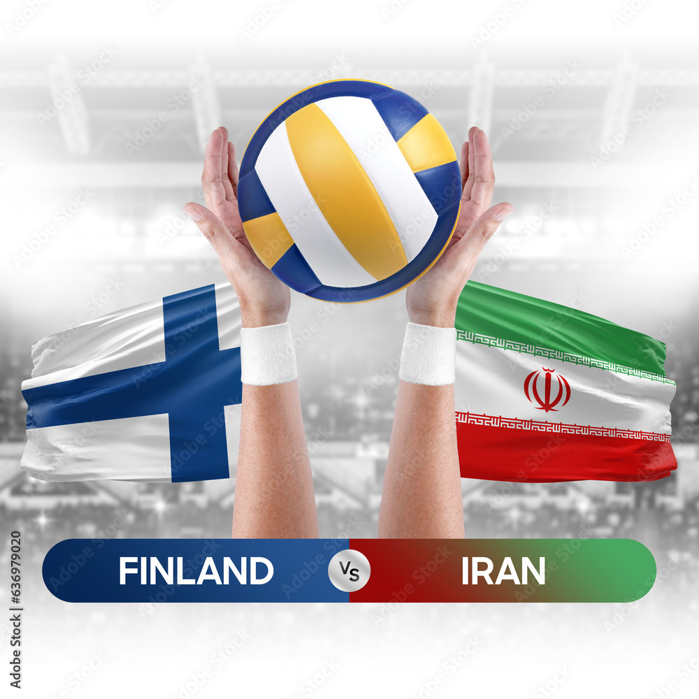 Finland vs Iran national teams volleyball volley ball match competition concept.