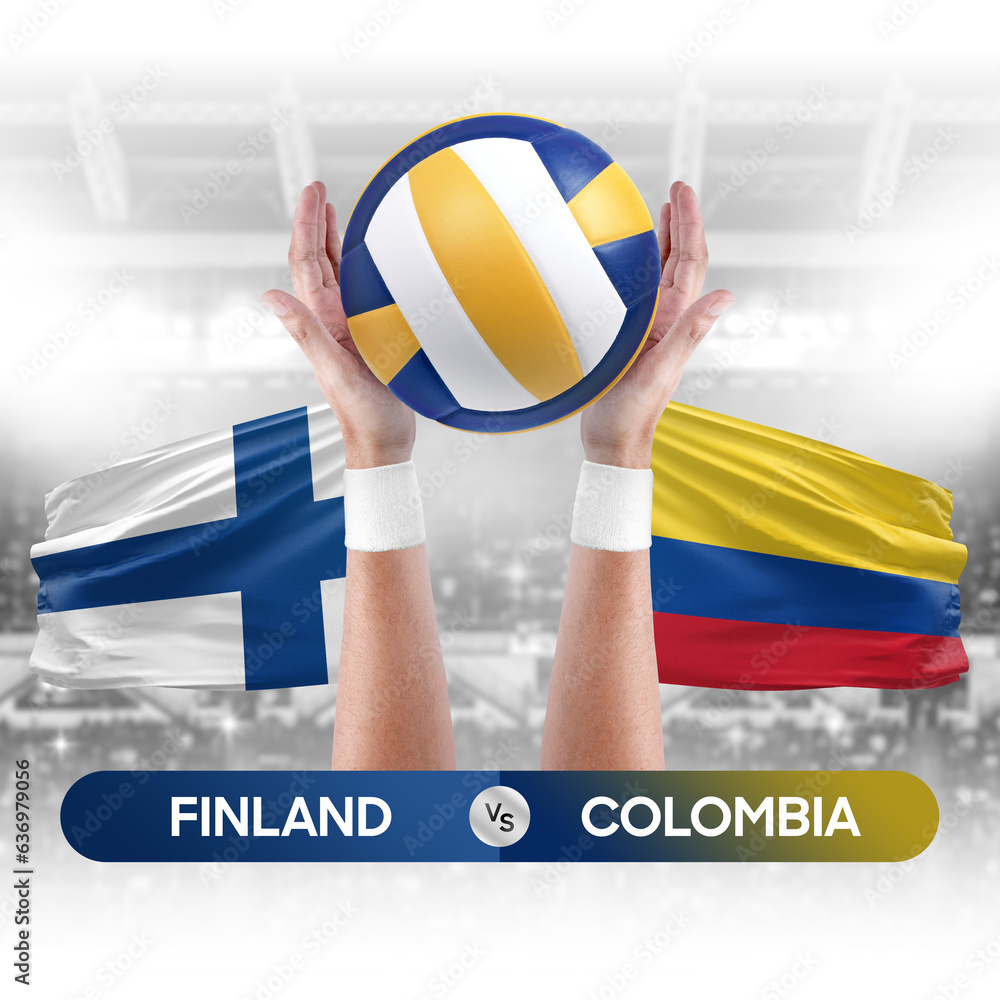 Finland vs Colombia national teams volleyball volley ball match competition concept.