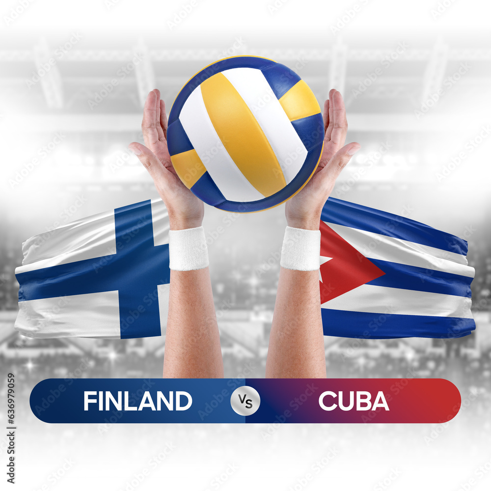Finland vs Cuba national teams volleyball volley ball match competition concept.