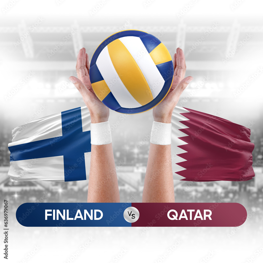 Finland vs Qatar national teams volleyball volley ball match competition concept.