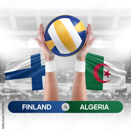 Finland vs Algeria national teams volleyball volley ball match competition concept.