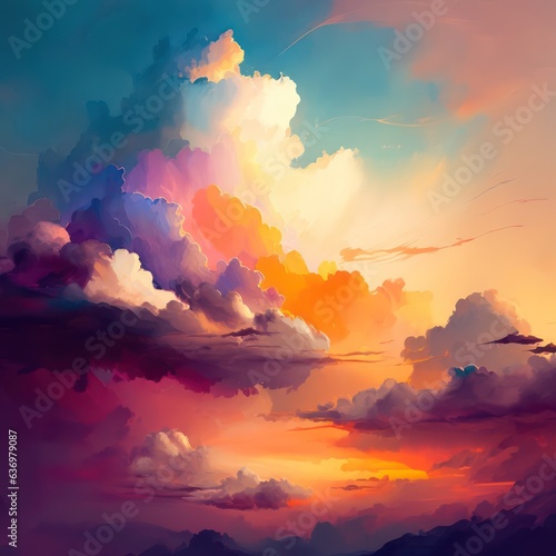 Sunset in the clouds background, colorful digital painting heavenly landscape, sky theme design