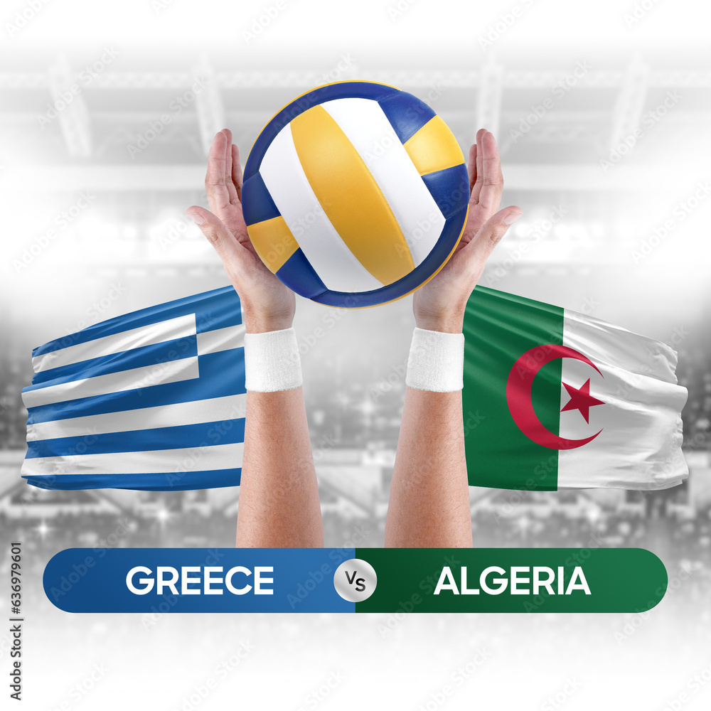 Greece vs Algeria national teams volleyball volley ball match competition concept.