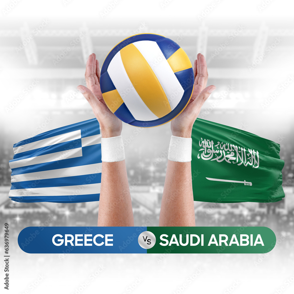 Greece vs Saudi Arabia national teams volleyball volley ball match competition concept.