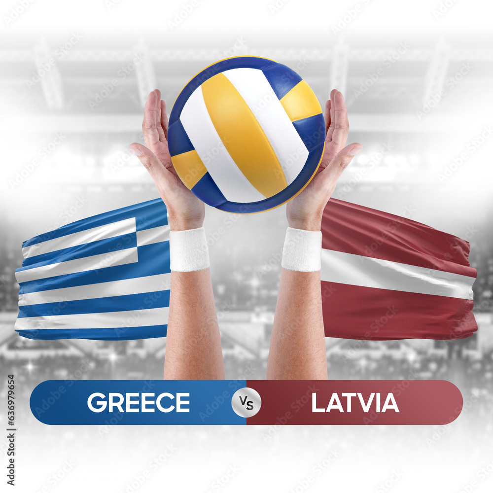 Greece vs Latvia national teams volleyball volley ball match competition concept.