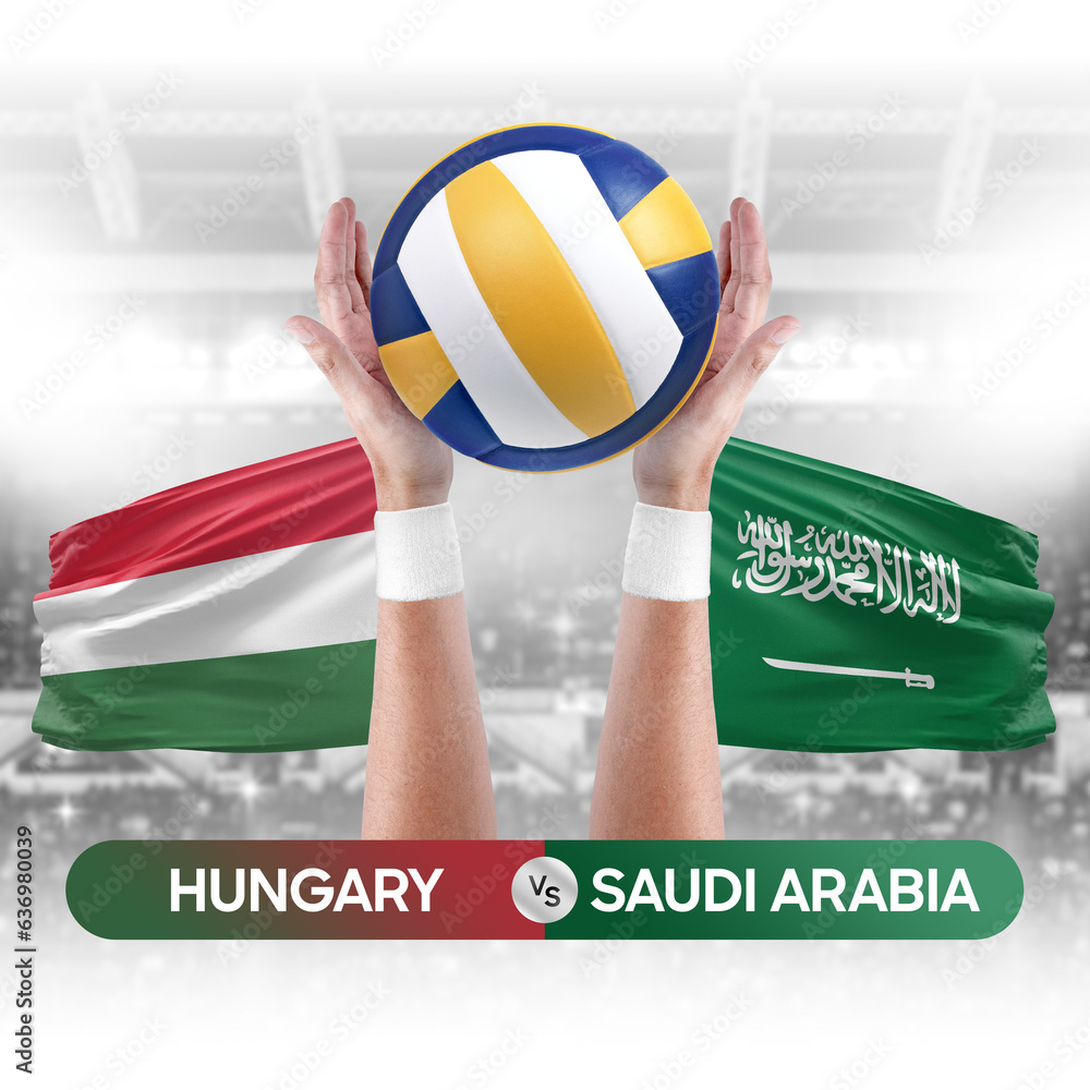 Hungary vs Saudi Arabia national teams volleyball volley ball match competition concept.