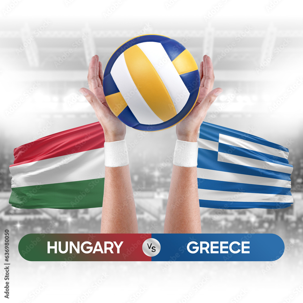 Hungary vs Greece national teams volleyball volley ball match competition concept.