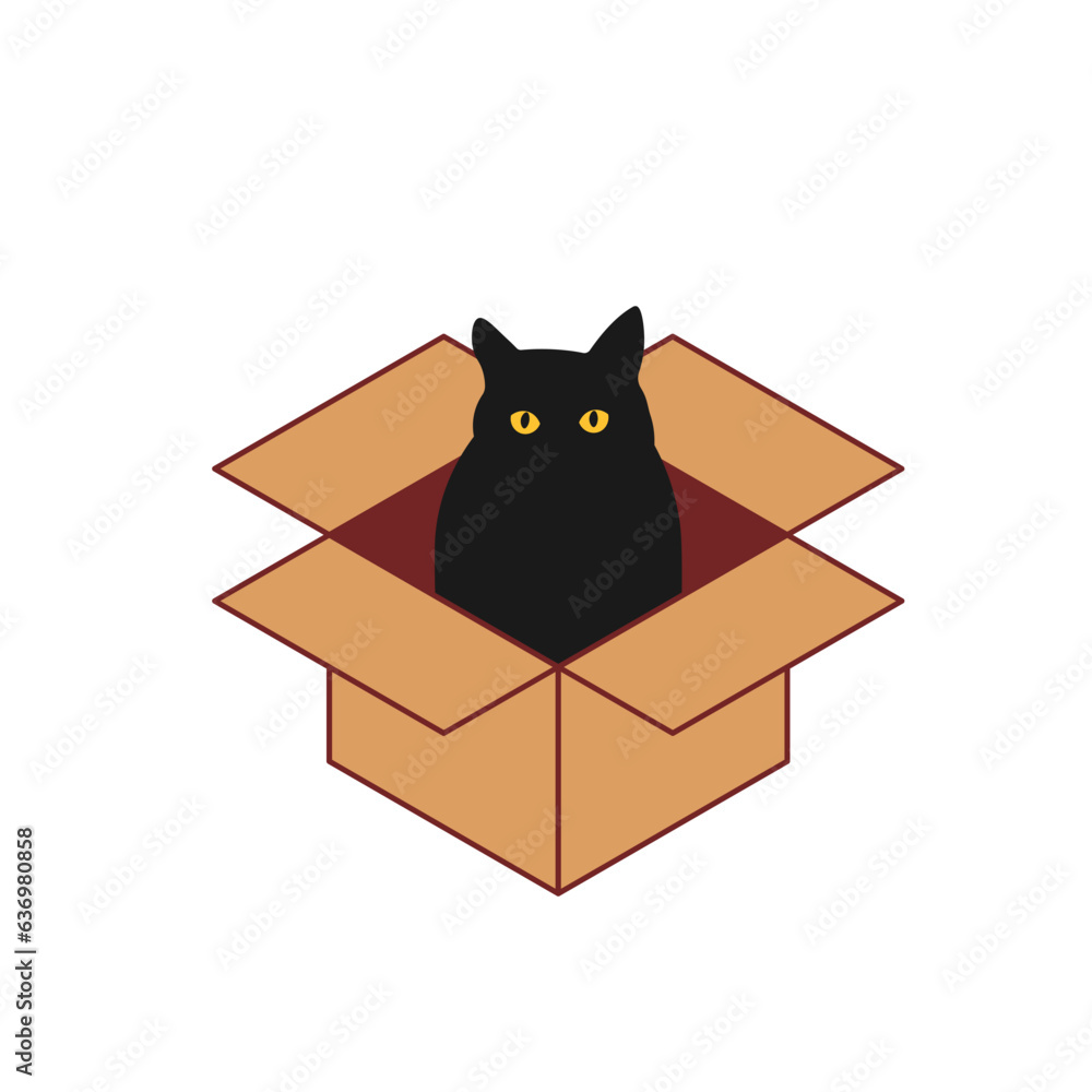 Black cat in cardboard box icon. Clipart image isolated on white background