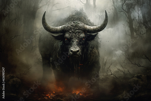 Image of a bull in the forest with a scary atmosphere, Wildlife Animals., Generative AI, Illustration.