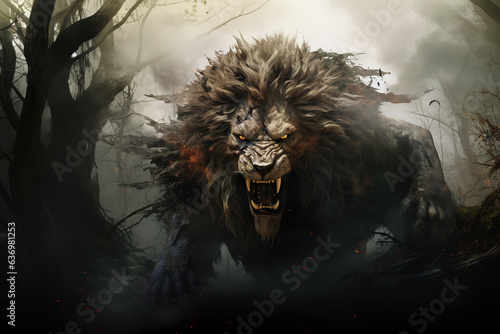 Image of a lion in the forest with a scary atmosphere, Wildlife Animals., Generative AI, Illustration.