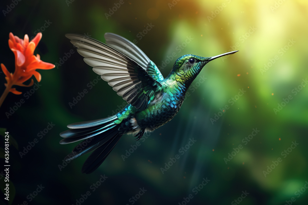 Obraz premium Image of a hummingbird flying, Bird, Wildlife Animals., Generative AI, Illustration.