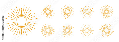 Sunburst set. Light rays gold collection. Vintage sunburst. Explosion, firework, sparks, star light, sun rays. Element for logotype, emblem, banner or lettering. Vector illustration.