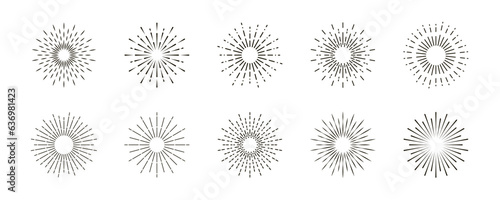 Sunburst set. Light rays collection. Vintage sunburst. Explosion, firework, sparks, star light, sun rays. Element for logotype, emblem, banner or lettering. Vector illustration.