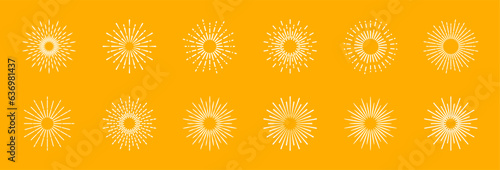 Sunburst set. Light rays collection. Vintage sunburst. Explosion, firework, sparks, star light, sun rays. Element for logotype, emblem, banner or lettering. Vector illustration.