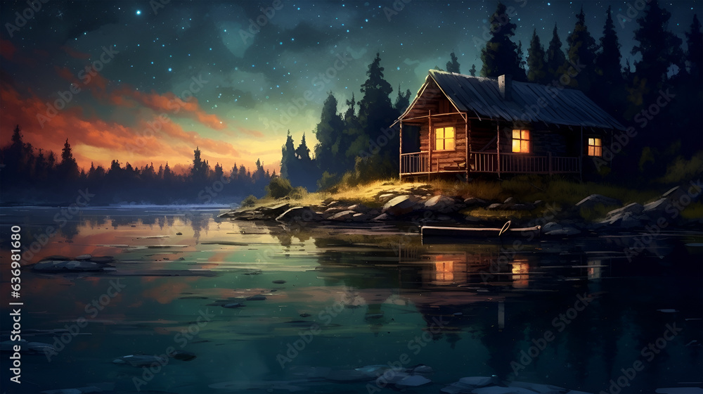 Lonely cabin across the way on the shoreline of a lake, Generative ai Lonely cabin across the way on the shoreline of a lake, Generative ai