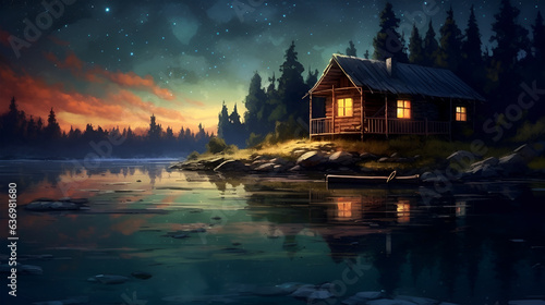 Lonely cabin across the way on the shoreline of a lake, Generative ai © Ozis