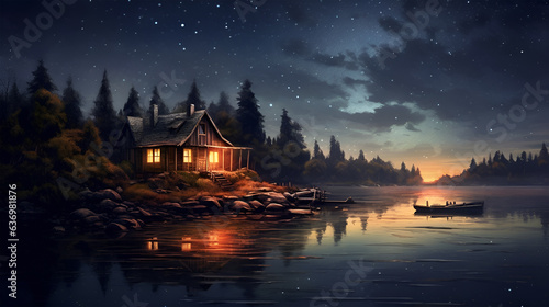 Lonely cabin across the way on the shoreline of a lake  Generative ai