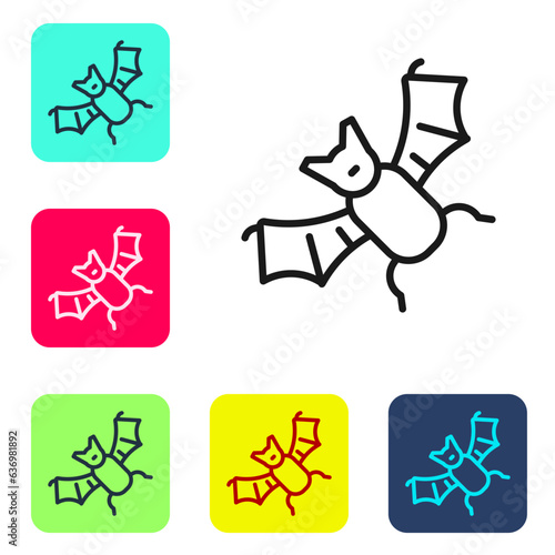 Black line Flying bat icon isolated on white background. Happy Halloween party. Set icons in color square buttons. Vector