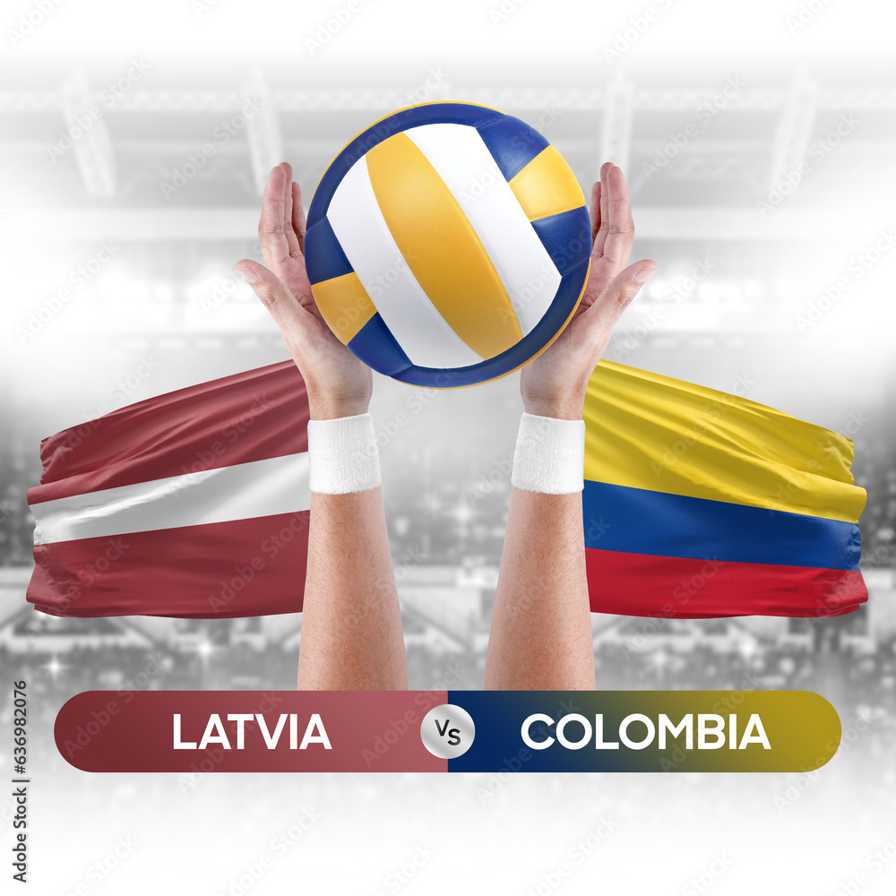 Latvia vs Colombia national teams volleyball volley ball match competition concept.