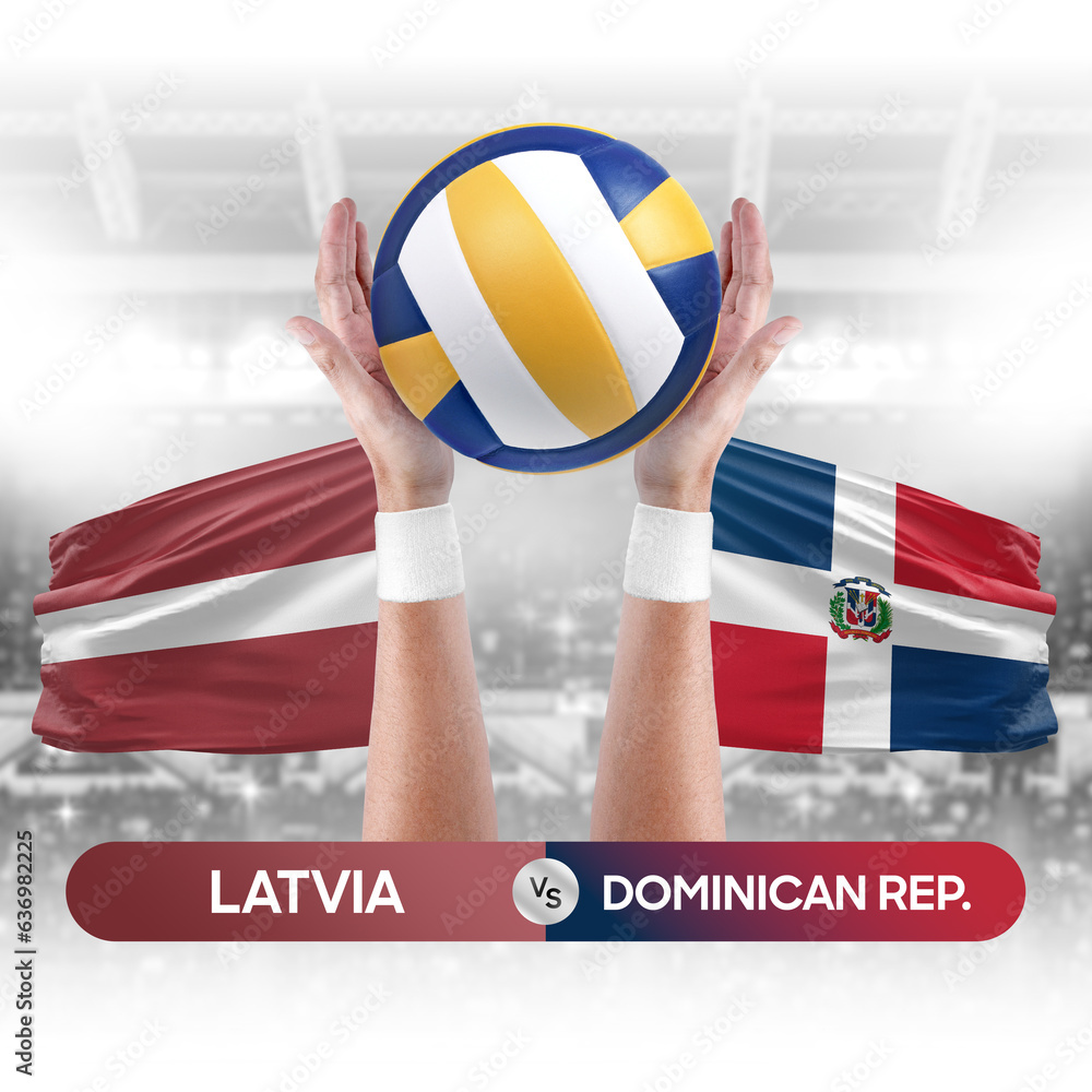 Latvia vs Dominican Republic national teams volleyball volley ball match competition concept.